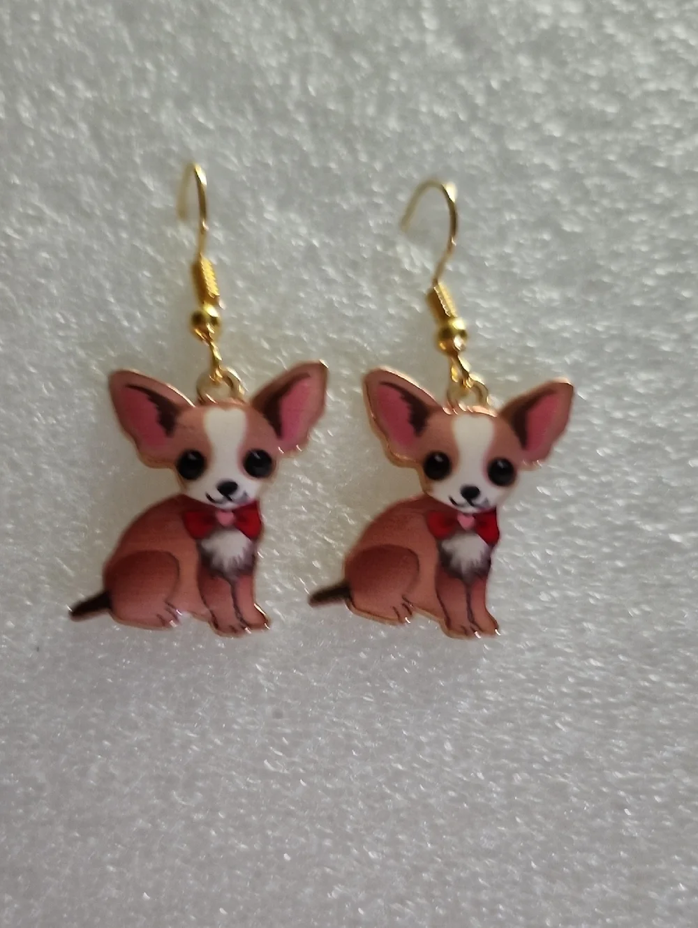 Hand Crafted Pink & Brown Chihuahua Drop Earrings with Gold Hooks